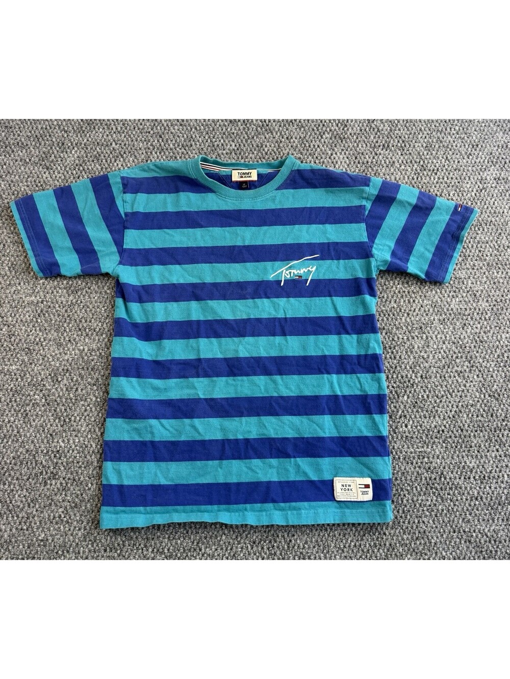 Tommy Jeans Striped T Shirt Mens Small Blue Green Embroidered Logo Cotton